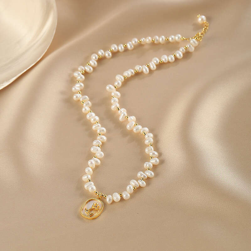Natural necklace women's rose mirror geometric pendant starry sky natural pearl necklace light collarbone chain