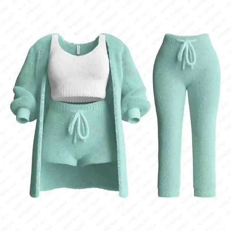Womens Fuzzy 3-Piece 3 Pe Set O-Collar Cut Tank Top Long Sleeve Wool Warm Hooded Cardigan Shorts Set Casual Wear 241017