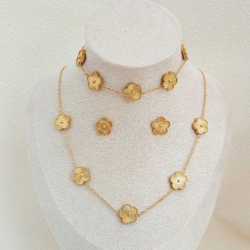 Earrings Necklace High quality stainless steel double-sided flower jewelry set 14k gold-plated clover necklace bracelet H241016