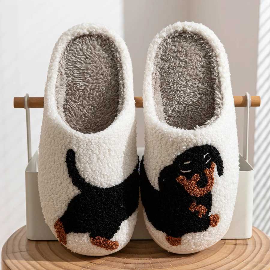 Winter womens slippers cute and interesting cartoon little black dog indoor warm and comfortable family bedroom soft plush shoesCL241017