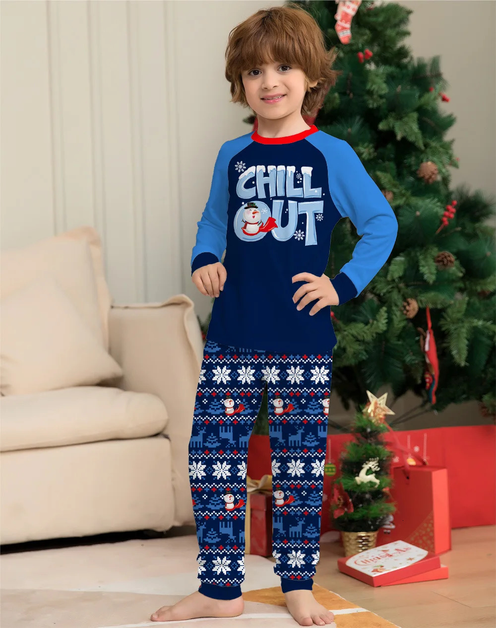 Christmas Pajamas Family Set Blue Printed Matching Couples Women Men Kids Boy Girls Pjs 241017