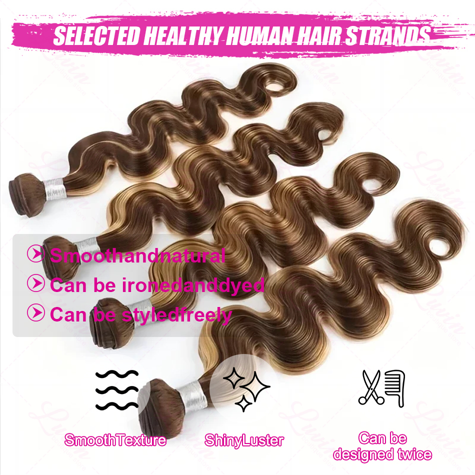 30Inch Body 100% Human 4/27 Highlight Bundles Unprocessed Water Wave Ombre Brown Hair Extensions Quick Weave