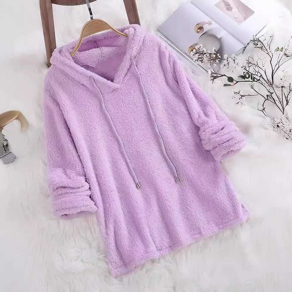 Women Fleece Sweatshirts Casual Female Tie Collar Long Sleeve Pullover Loose Velvet Hoodie Coats Homewear NMD-9301X241016