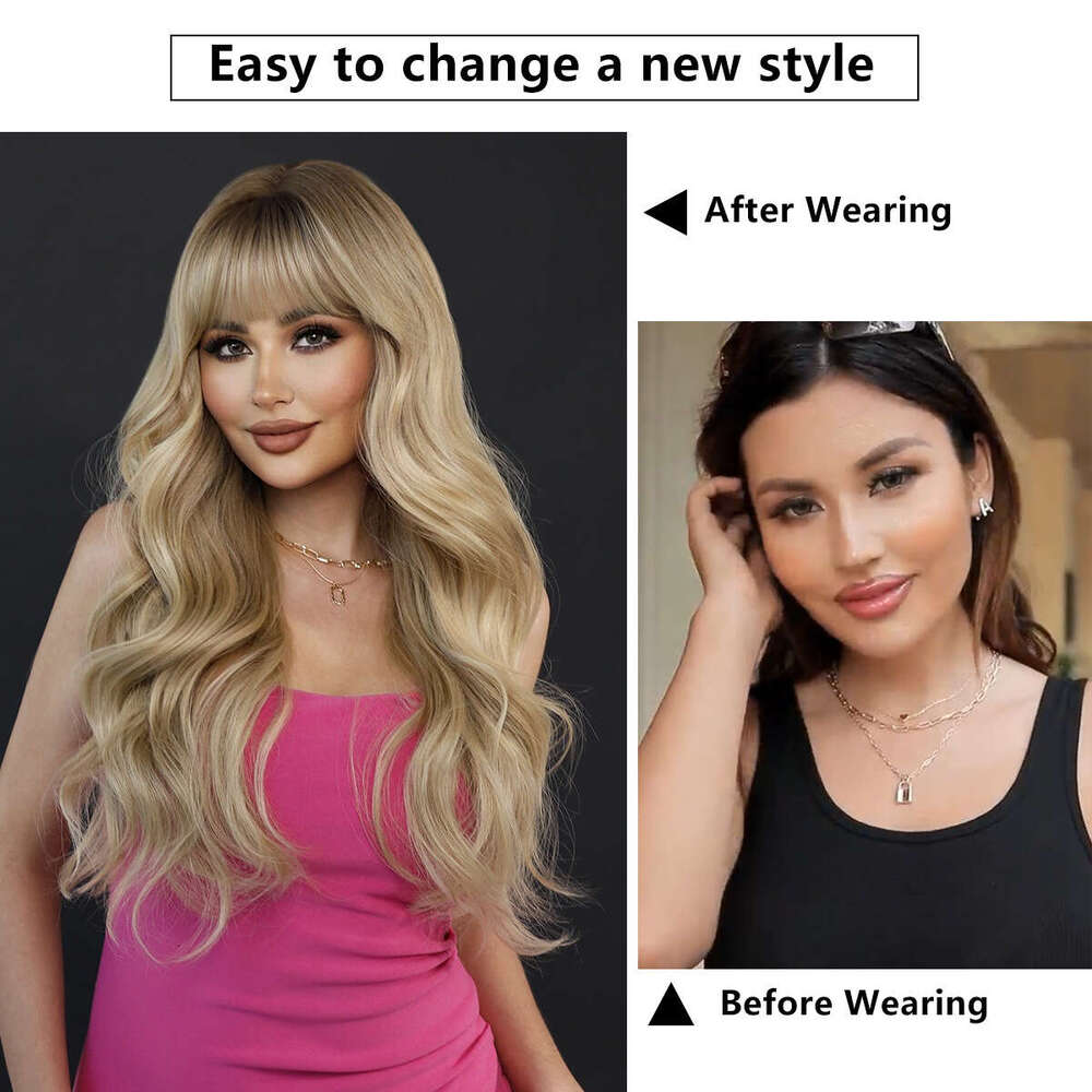 Long Body Wavy Wigs With Bangs Ombre Blonde Synthetic Hair