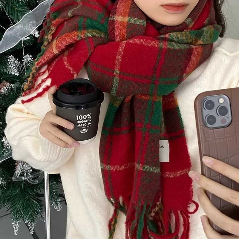 Christmas vintage cashmere scarf tassel plain double-sided scarf for women winter thick long shawl New Years gift outdoor cycling X241017