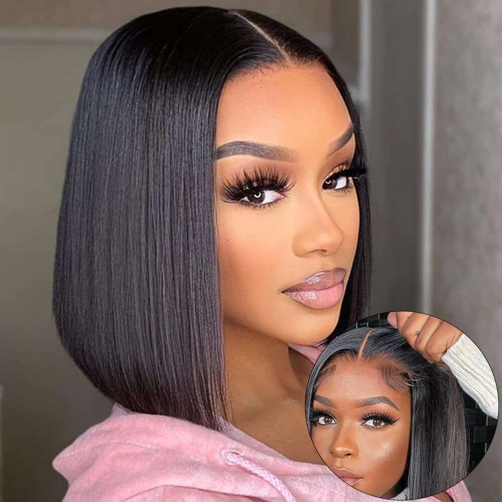 Wear And Go Glueless Bob Straight Pre Cut Human Hair Upgraded No Glue Lace Front Wigs For Women