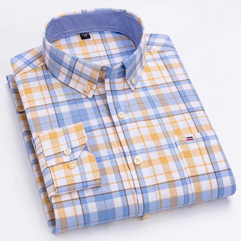 Mens Classic Plaid Oxford Long Sleeve Shirts Pocket 100% Cotton Business Casual Formal Standard Fit Workwear Button Down Shirts LX241017
