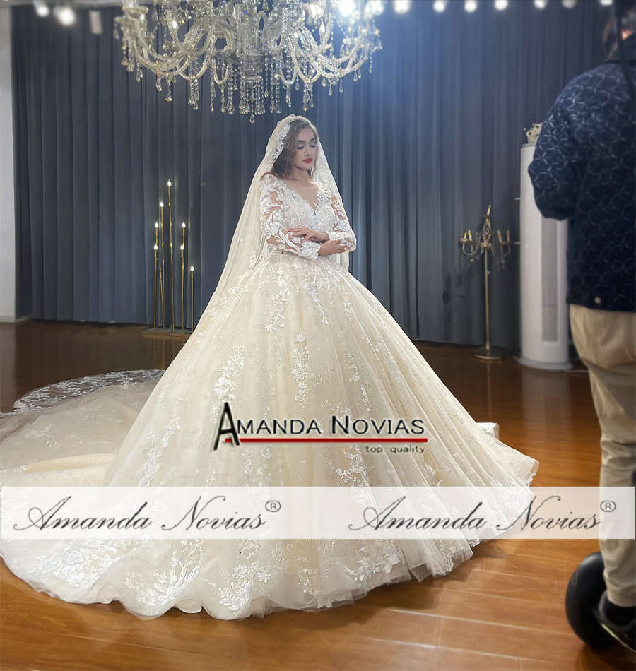 Champagne Color Full Lace Wedding Gown With Veil