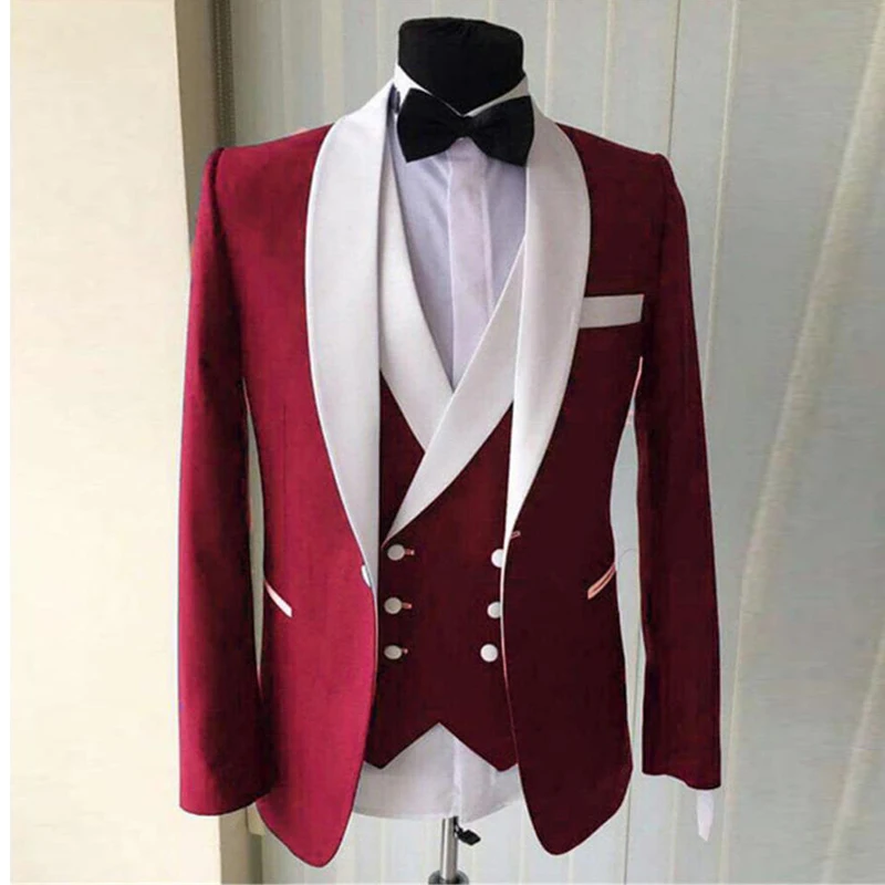 3 Piece Men Suits for Wedding Slim Fit White Shawl Lapel Custom Groom Tuxedo Male Fashion Jacket Vest with Pants Latest Style