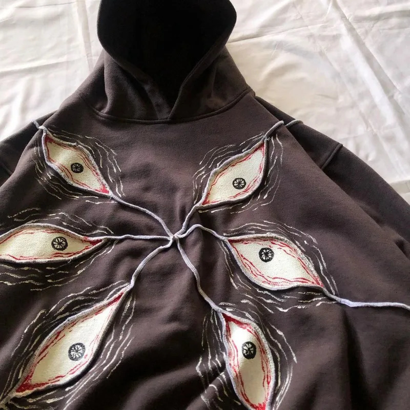 American Retro Harajuku Gothic Devils Eye Embroidery Mosaic Sweater Y2K Street Fashion Super Women Hip Hop Hooded Sweater 241017