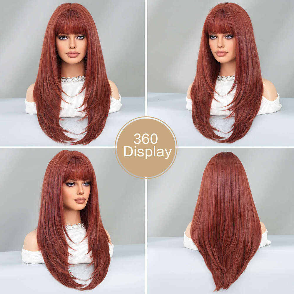 Wig Female Oban Orange Long Straight Hair With Bangs, Dyed Fiber On Top Of The Head, High-Level Wig Headband