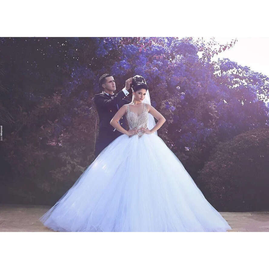 Crystals Gorgeous Mor Beading Ball Gown 2020 Wedding Dresses Crew Sheer Neck Sexy Back Puff Tulles Bridal Gowns Arabic s
