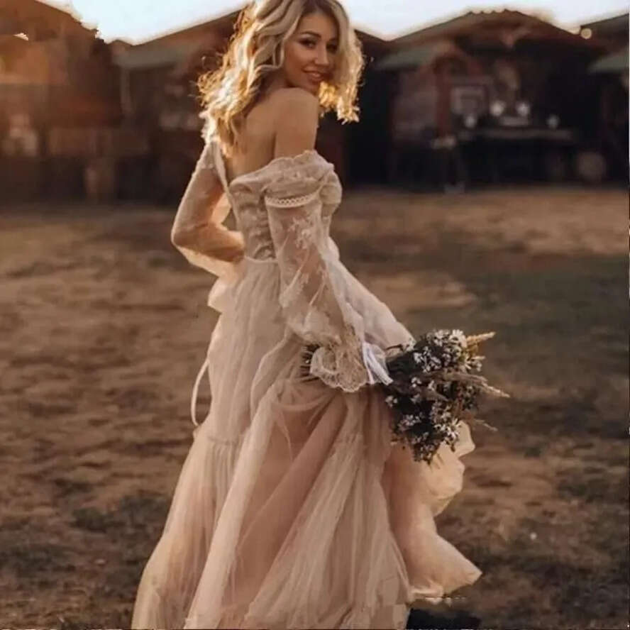 Wedding Western Vintage Country Dresses Lace Long Sleeve Gypsy Striking Boho Bridal Gowns Hippie Style Abiti Bc4857
