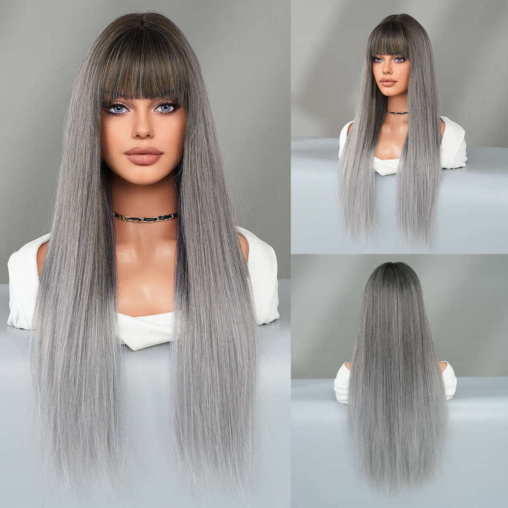 Jinhua Wig Long With Bangs, High-Quality High Silk Synthetic Straight Hair Full Head Cover