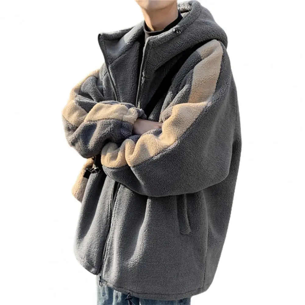 Leisure Vintage Fleece Mens Jacket Oversize Contrast Color Coat Warm Male Outwear Winter Parkas Clothes 241017