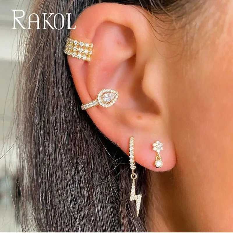 RAKOL 1 tear cube zirconia unperforated earring cuff clip womens fashionable white gold CZ jewelry gift W241017