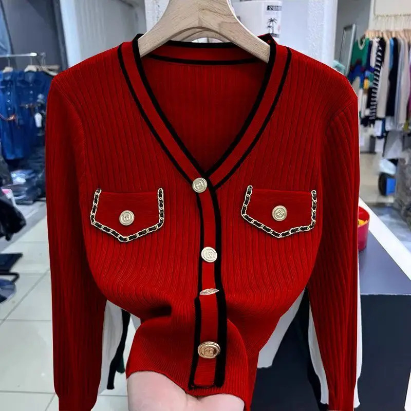 Womens clothing spring and autumn style long sleeved button down zipper fashionable and elegant temperature V-neck knitted ultra-thin short sweater 24