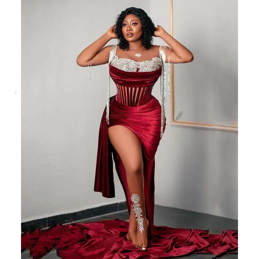 Plus Arabic 2022 Size Aso Ebi Bury Urious Veet Prom Dresses Lace Beaded Evening Formal Party Second Reception Birthday Engagement Gowns Dress Cg001