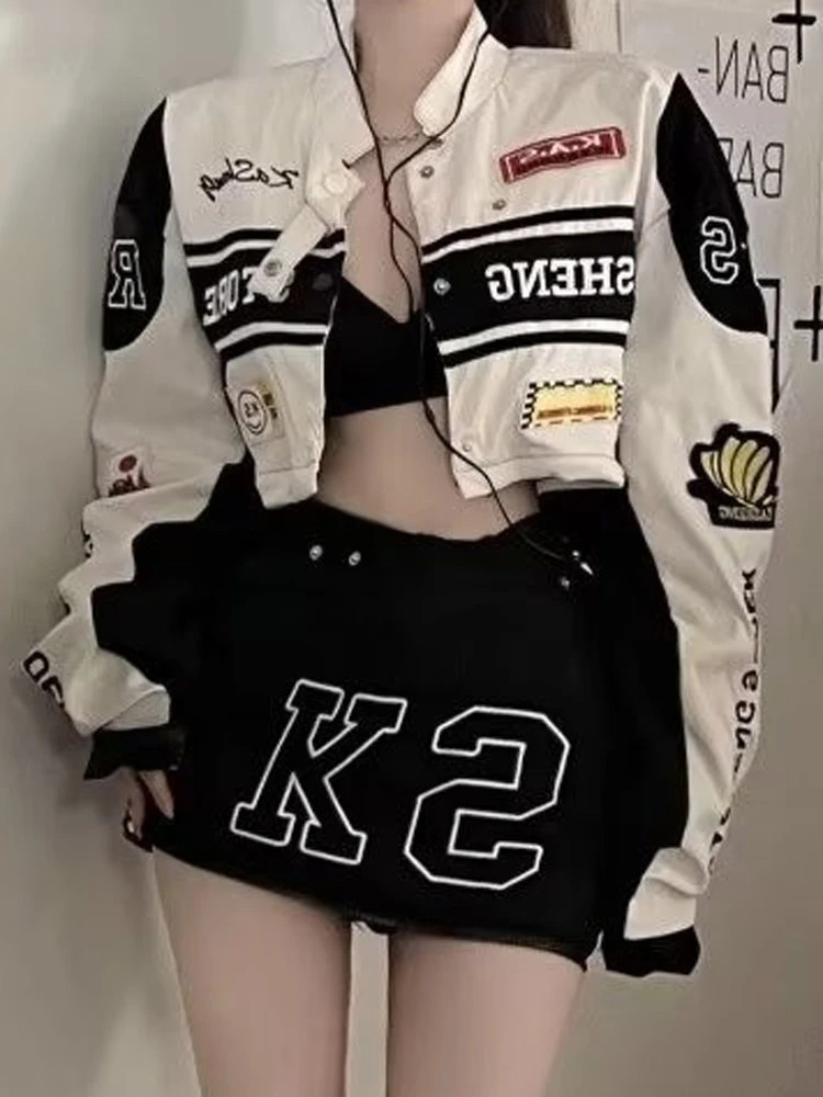Spring detachable motorcycle racing jacket with ski separation set womens retro motorcycle autumn coat Korean Y2K Harajuku clothing 241017