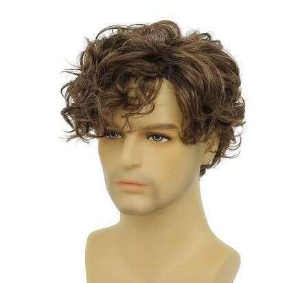 2023 Tongcan Men's With Slanted Bangs, Brown Short Curly Hair, Synthetic Wig