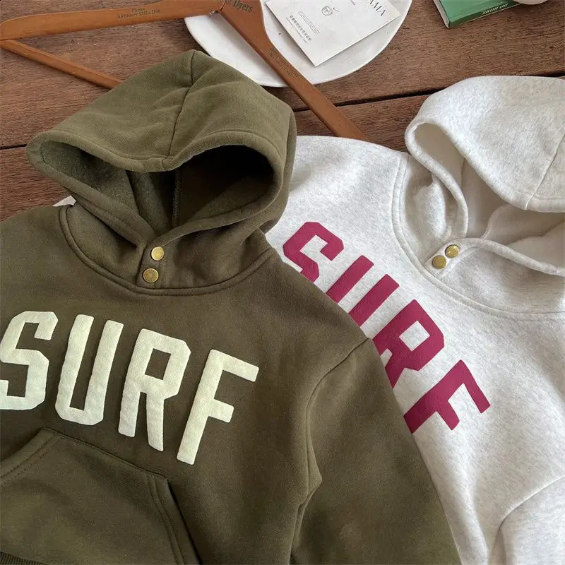 Childrens Boys Hooded Sweatshirt Loose Thick Western Style Letters Korean Fleece Kids Hoodie Winter Casual Baby Top 241017