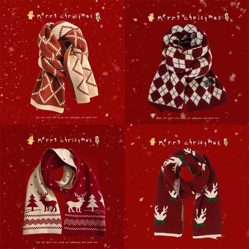 Fashionable Christmas style red element scarf suitable for trend knitting student couples warm scarf shawl clothing accessories gifts X241017