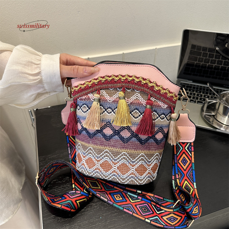 2024 New Ethnic Style Women's Fashion Versatile Crossbody Bucket Bohemian Embroidery Tassel Hanfu Bag #13 swissmilitary