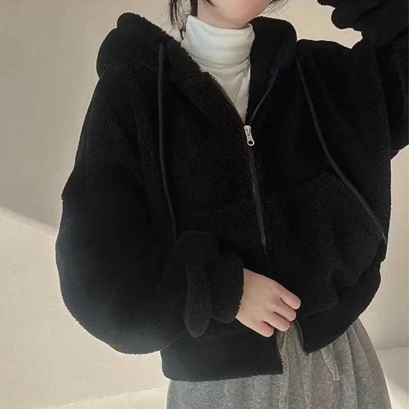 Women Lamb Fleece Hoodies Solid Color Autumn Winter Zipper Jackets Thicken Warm Hooded Coats Ladies Casual Plush OuterwearX241016