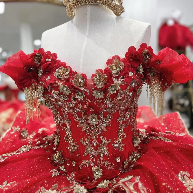 Red Glitter Quinceanera Dresses Ball Gown Off Shoulder Gold Applique Lace Beaded Crystal Tull Corset Sweet 16 Dress Vestido De 15 Anos 0220