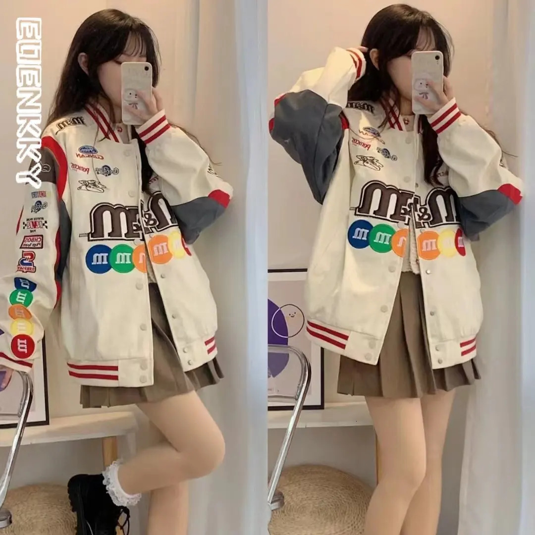 Unisex Bombers Jacket Women Spring Autumn Hip Hop High Street Stand Collar Bomber Varsity Racing M Embroidery Baseball Coats 241007