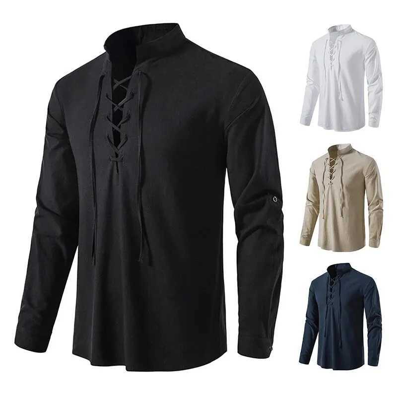 King Billion Mens Shirts Casual Men Cotton Linen Long Sleeve T-shirt Spring Autumn Vintage Shirt US Size Drawstring Neck LX241017