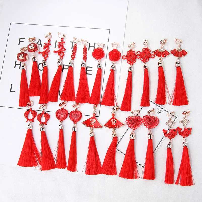Chinese style red tassel pendant earrings womens fashion ethnic geometry charm clip on jewelry party gifts W241017
