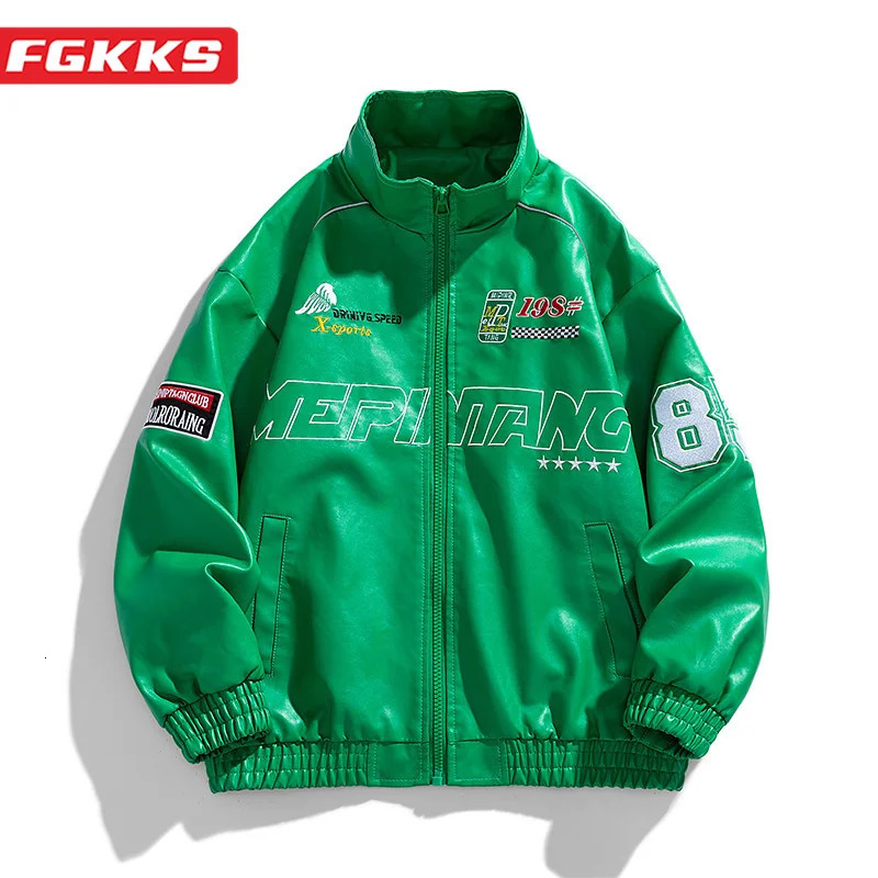 FGKKS Mens Bomber Casual Jacket Printing Trend Coat High Quality Young Street Clothing Leather Jacket Men 241017