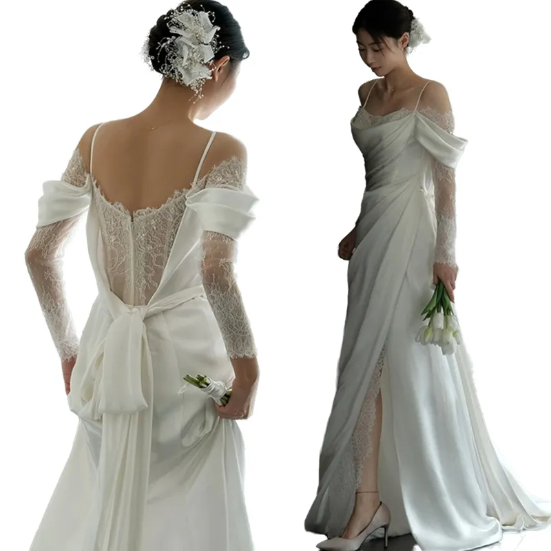 Korean Boho Lace And Satin A-Line Wedding Dress Sexy Spaghetti Side Split Long Sleeves Elegant Bridal Gowns Simple Corset Ivory Robe De Mariee