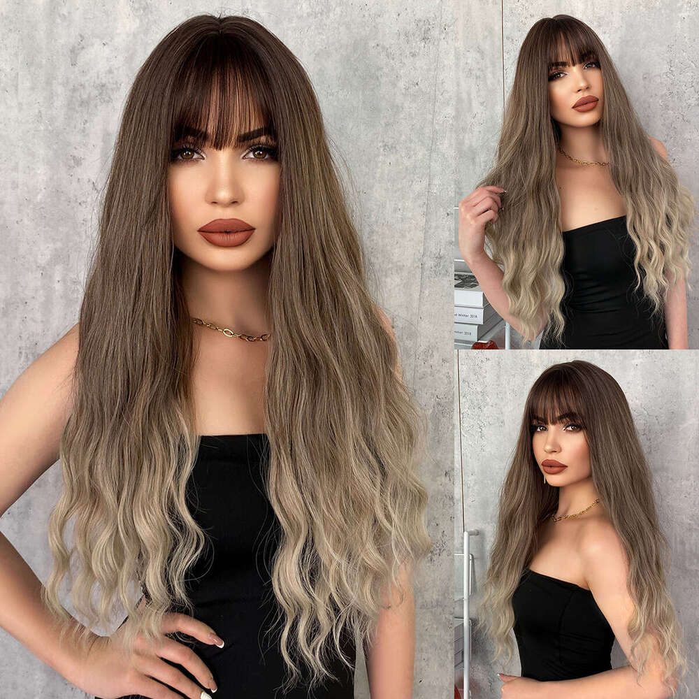 Brown Gradient Wig With Bangs, Long Curly Hair, Big Waves, Women's Headband