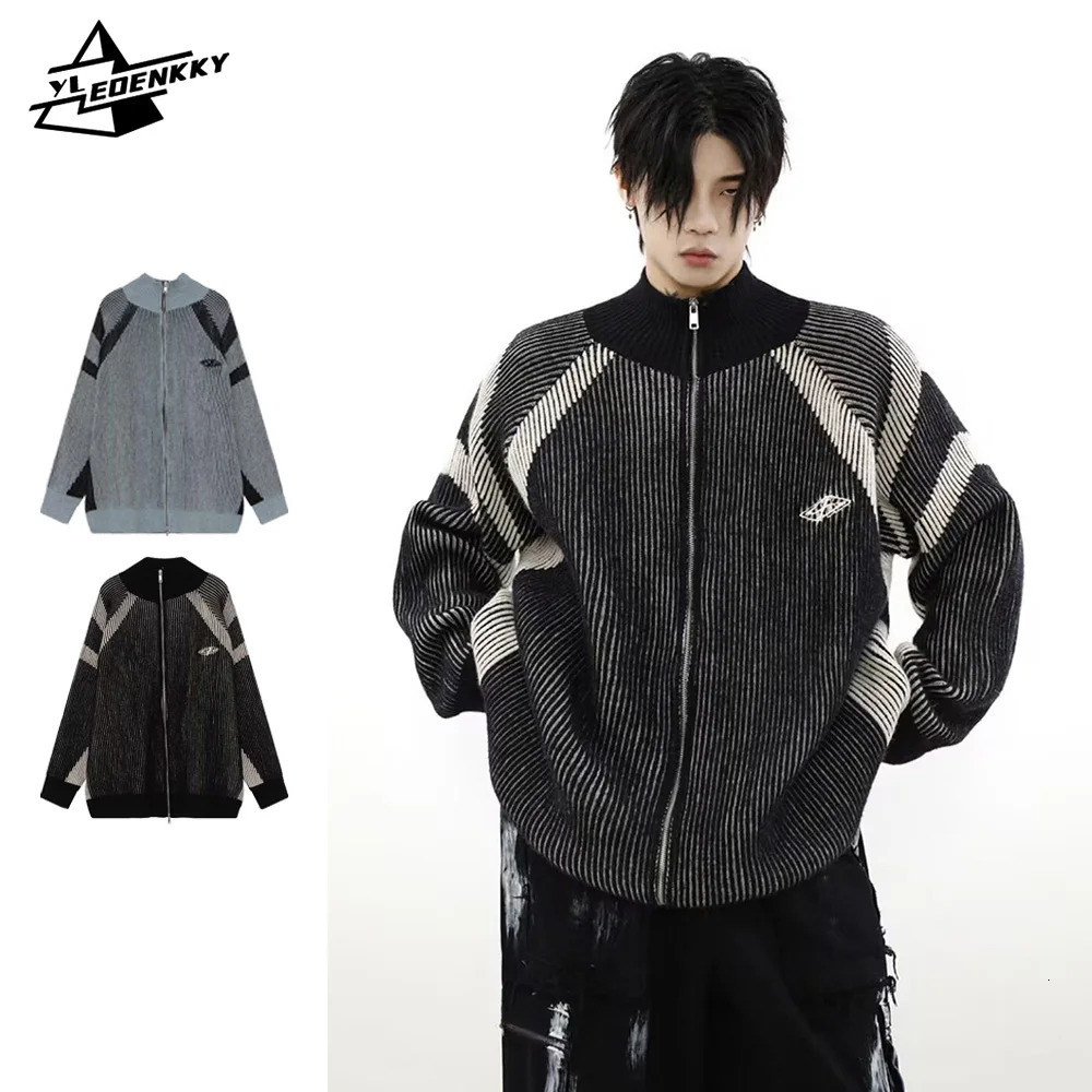 American Vintage Sweater Men Women Colorblock Panelled Zipup Cardigan Tops Standcollar Loose Longsleeved Casual Knit Unisex 241017