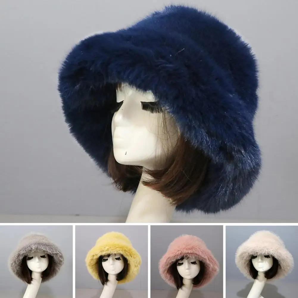 Bucket Hat Oversized Fluffy Wide Brim Soft Thickened Ear Protection Faux Fur Winter Thermal Women Fisherman Cap 241009