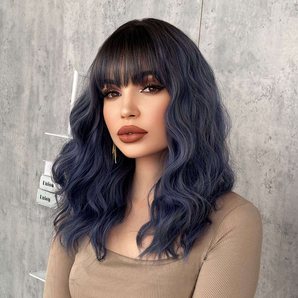 Japanese And Korean Women's Haze Blue Wave Medium Long Curly Hair High Temperature Silk Wig Set Blue Wigs