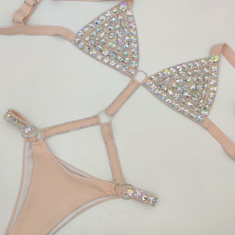 Women's Swimwear Diamond Chain Bikini One Piece Three Point Sexy Swimwear, High Waist Strap Nightclub Dress Party Dress Swimsuit Women