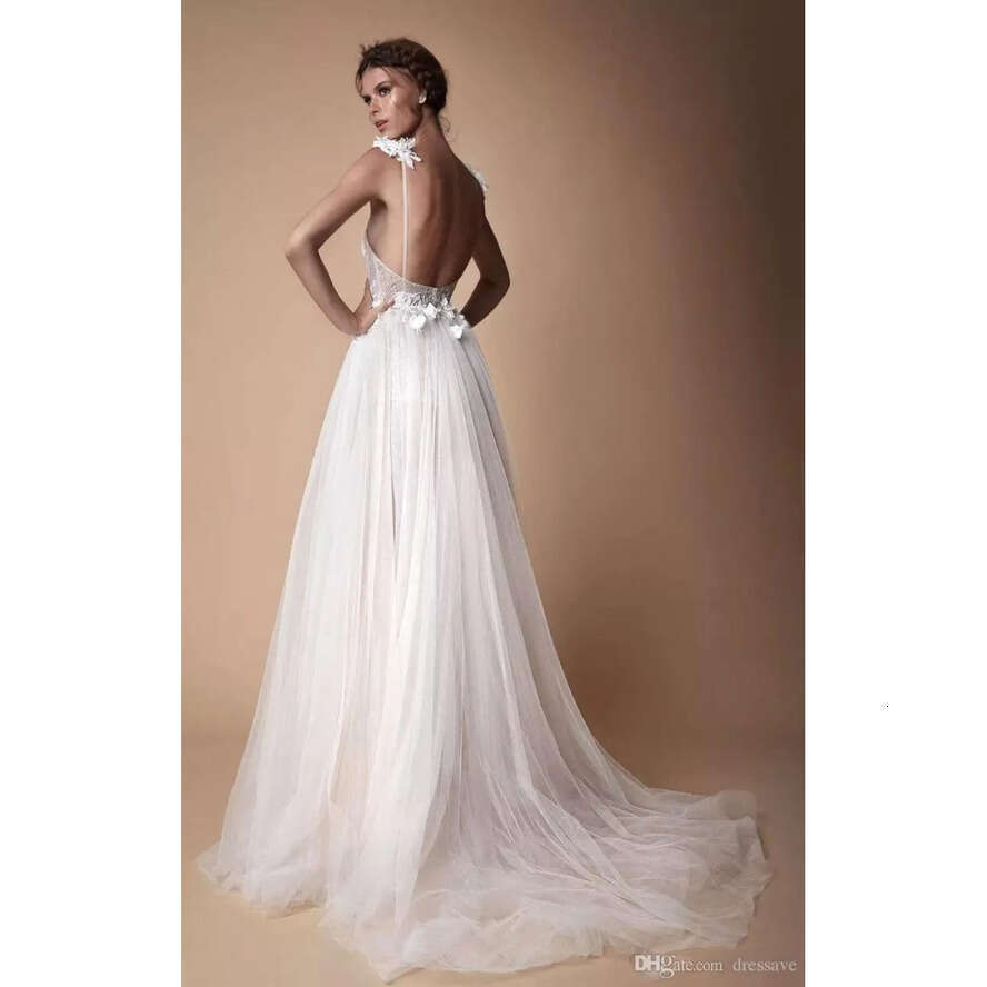 Wedding Lace 2010 Bohemian Dresses 3D Appliqued A-E Deep V-Neck Beach Bridal Gowns Sweep Train Tulle Split Side Sexy