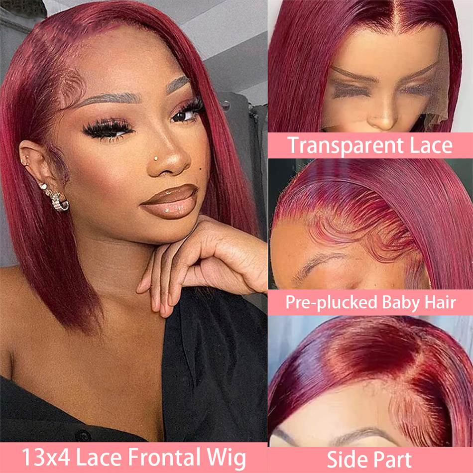 14 Inch 99J Bury Short Bob Human Hair Wigs 13X4 Red Straight Transparent Lace Front Wig Pre Plucked For Women 200% Density