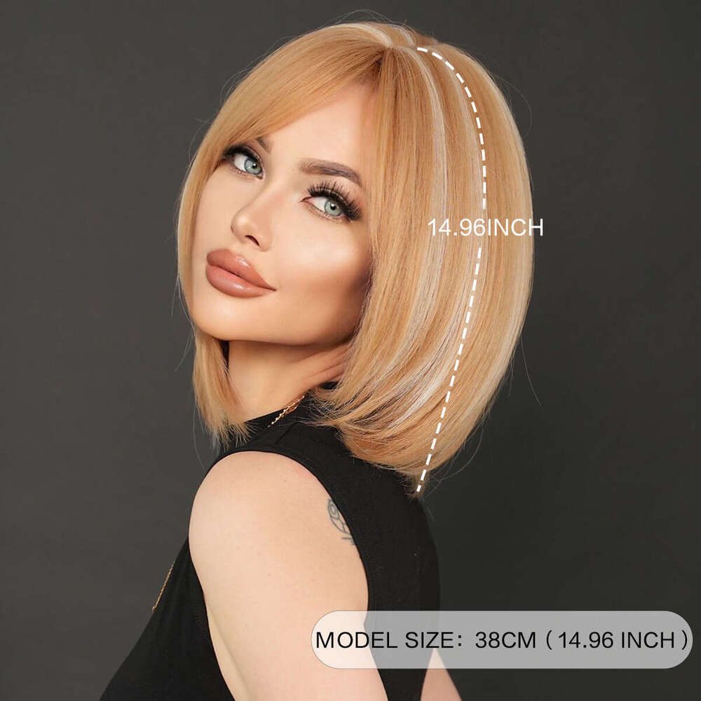 Girls' Gold Dyed White Bob With Slanted Bangs, Short Straight Hair, Synthetic High-Temperature Silk Wig