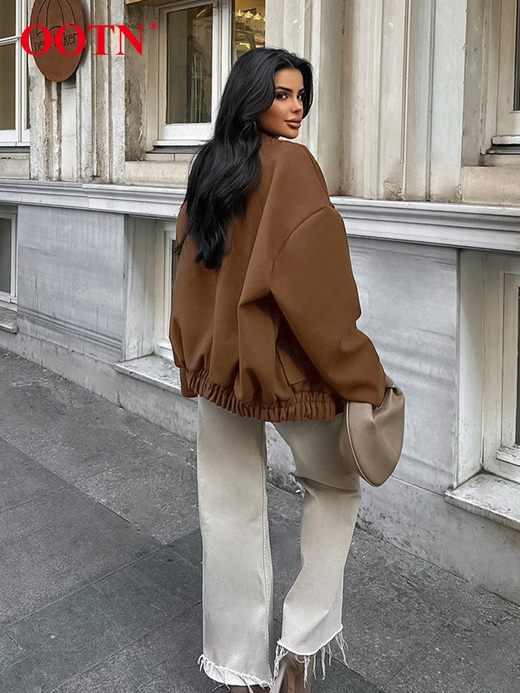 OO Vintage Brown Baseball Jackets Oversize Street Style Pockets Long Sleeves Outwear Tops Autumn Winter 2024 Woolen Warm Coats