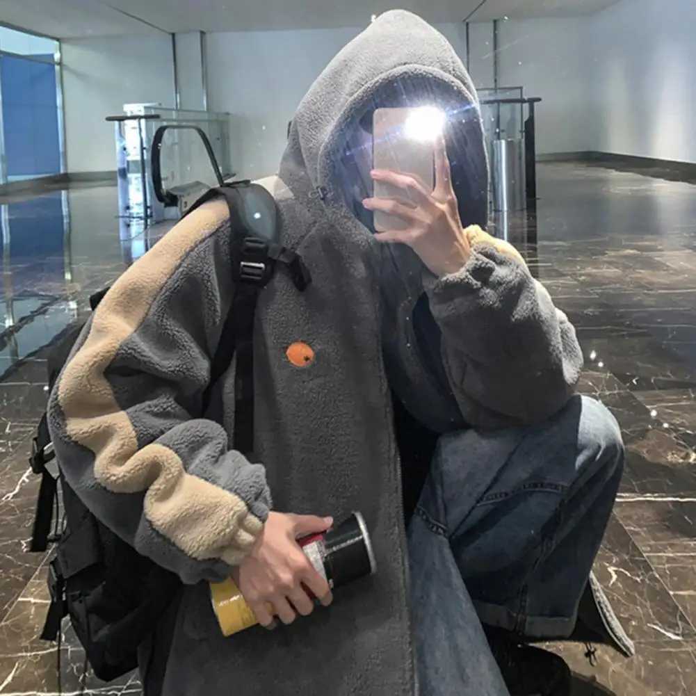 Loose Fit Men Jacket Hooded Men Jacket Winter Warm Mens Hooded Jacket with Faux Sherpa Drawstring Hem Contrast for StudentsXJ241017