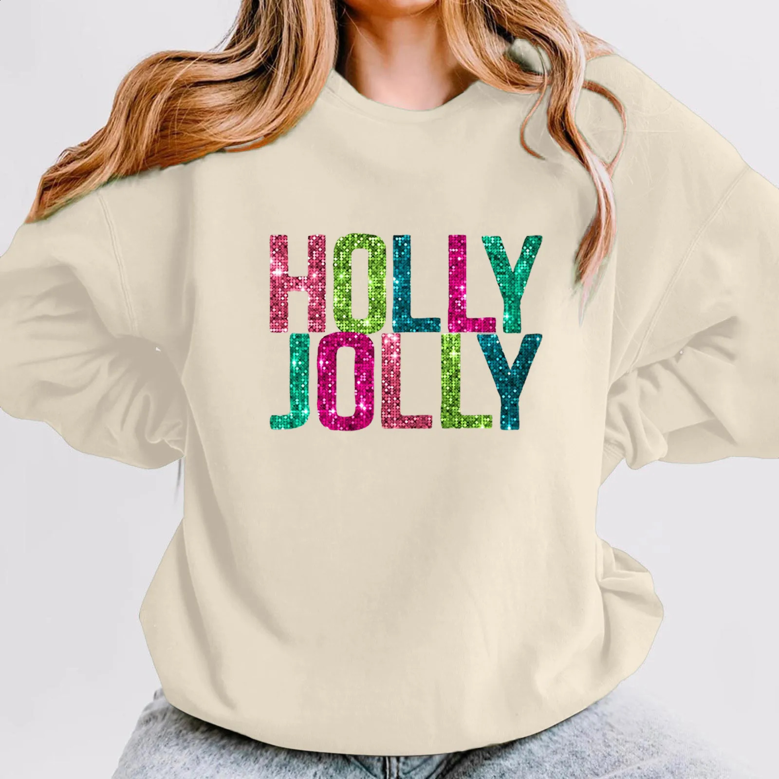 Christmas Casual Long Sleeves Y2k Hoodies Trend Holly Jolly WomenS Sweatshirts Colourful Letters Graphic Oversize Sports Suit 241017