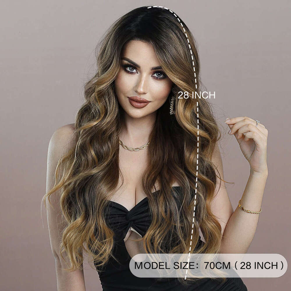 T Women's Wig Side With Brown Gradient Waves, Long Rolled Synthetic Lace Wig, Full Top