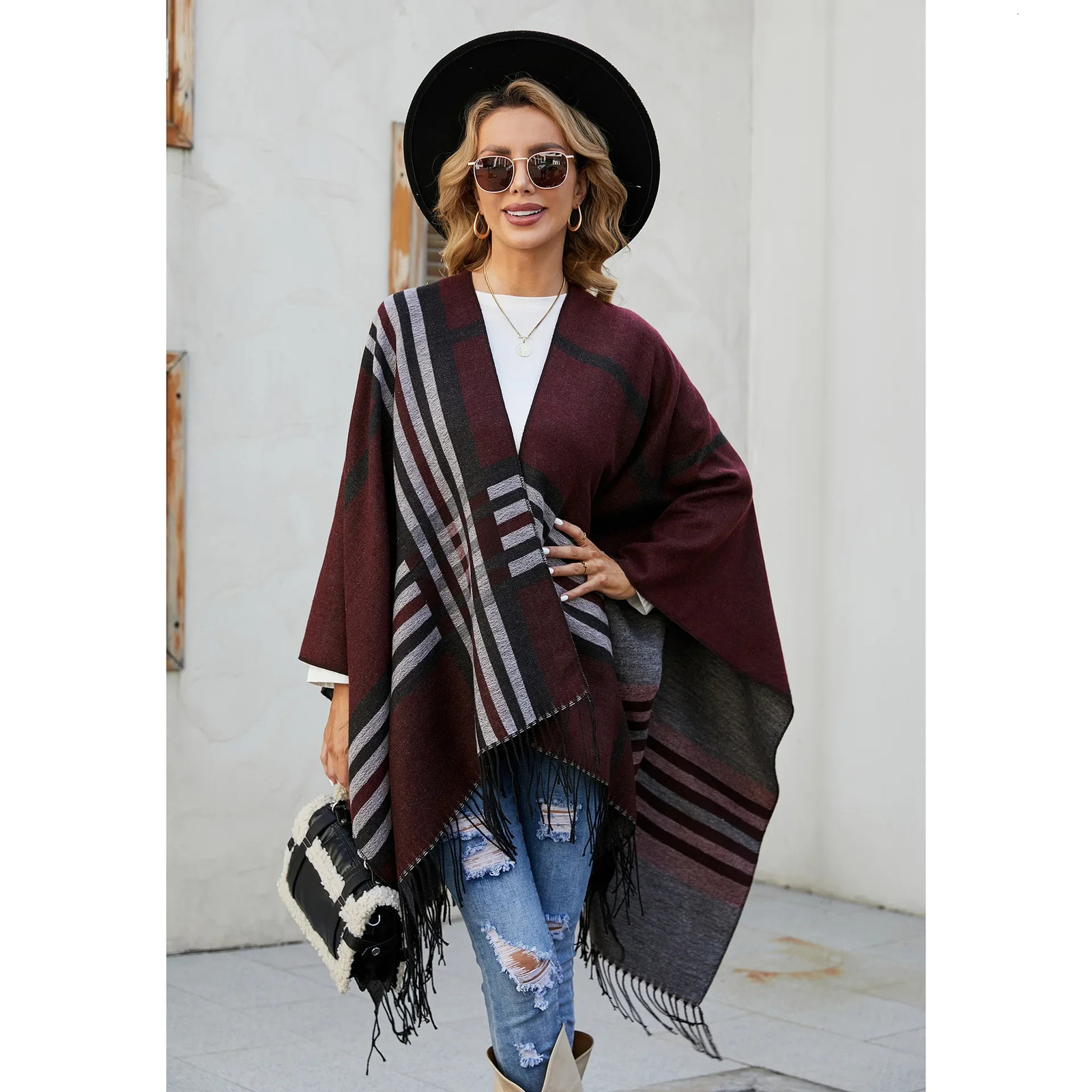 Fashion Scarf Womens Winter Autumn Warm Big Horn Striped Shawl Flower Travel Cloak Cashmere Raincoat Women 241009