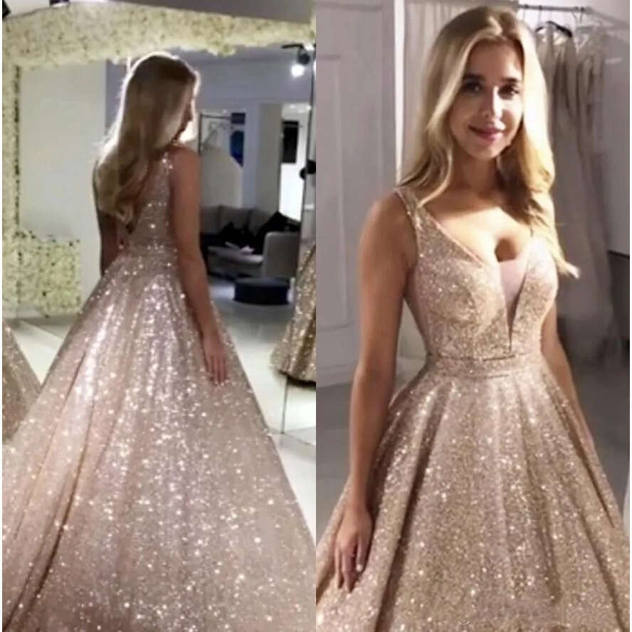 Gold Gorgeous Sequined Rose Prom Dresses 2019 V Neck Sparkg Sequin A-E Backless Evening Party Gowns Robe De Soiree Bm0246