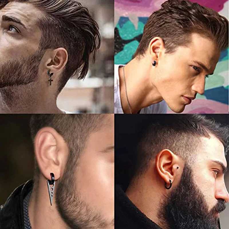1-15 piece clip on mens earring set stainless steel black false perforated earrings W241017