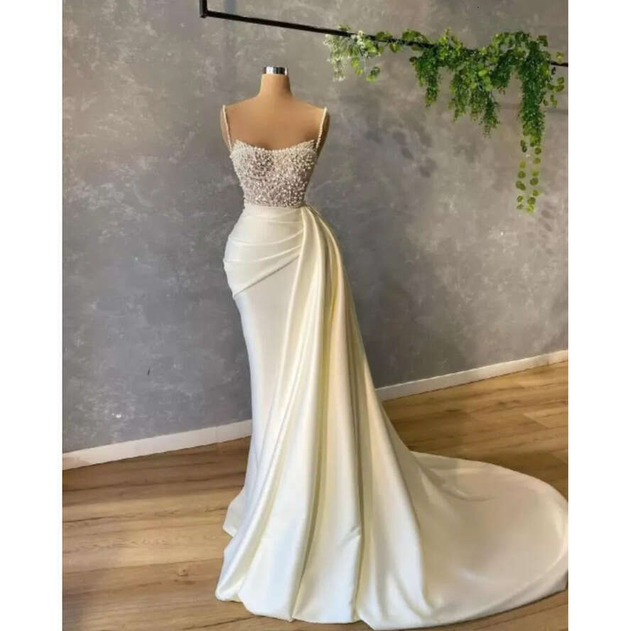 Spaghetti Party Pearls Long Evening Dress Beading Sequins Ruched Prom Gowns Satin Sweep Train Mermaid Dresses Pro232 es